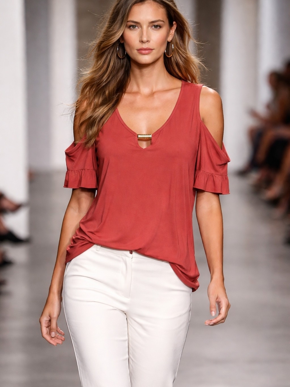 PerSeption Concept Dusty Coral Cold-Shoulder Ruffle Top